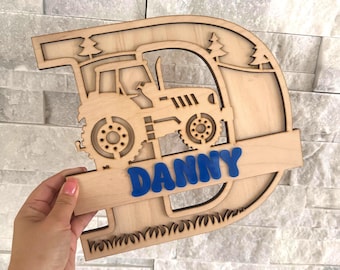 Panneau en bois personnalisé sur le thème de la ferme, nom pour enfants, décoration de chambre d'enfant, panneau en bois sur le thème du tracteur, cadeau pour garçons, panneau de nom de tracteur de ferme, décoration de chambre