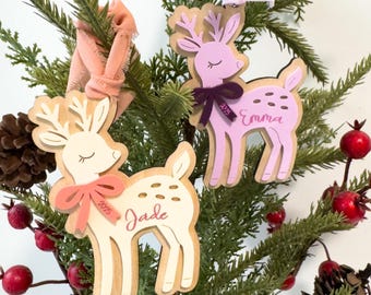 Personalized Deer Christmas Ornament Rustic Woodland Holiday Decor Wood and Acrylic Ornament Gift
