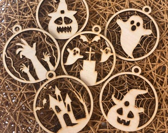 Unfinished Wooden Halloween Ornaments, Vintage Halloween Tree Ornaments, Halloween Tree Decor,  Pumpkins, Ghost and Haunted House Ornaments