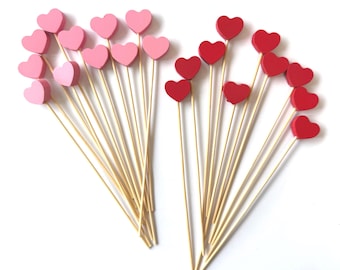 Valentines Day Heart Shaped Party Picks Valentines Party Decor Heart Toppers Valentines Theme Decor Wooden Heart Bamboo Sticks Set of 10