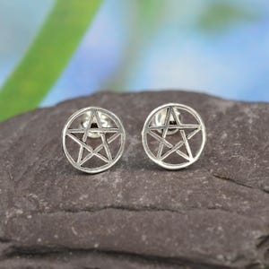 Sterling Silver 925 Round Pentagram Stud Earrings
