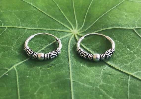 Sterling Silver 925 Balinese Ball Hoop Sleeper Earrings                                       ( 10 , 12 , 14 , 16 , 18, 20 MM Diameters )