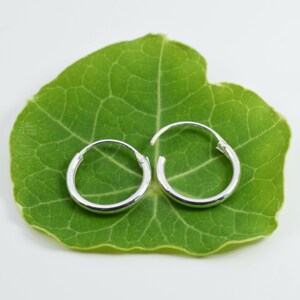 May include: Two small, silver hoop earrings. The earrings are displayed on a large, green leaf with visible veins. The hoops are round and shiny, reflecting light. The earrings are a simple, classic jewelry design.