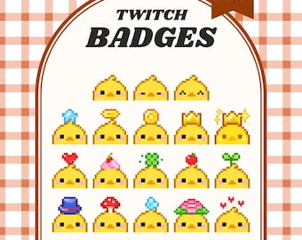 Gelbe Küken Twitch Abzeichen, süße flauschige Vogel Sub Abzeichen, Pixel Baby Küken mit Hüten, Bit Abzeichen für Twitch, vorgefertigte Tier-Streaming-Assets