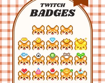 Shiba Inu Twitch Badges, süße japanische Hunde-Sub-Abzeichen, Pixel Puppy Bit Badge für Twitch, Kawaii Shiba Faces mit Hut, Tier-Streaming-Asset