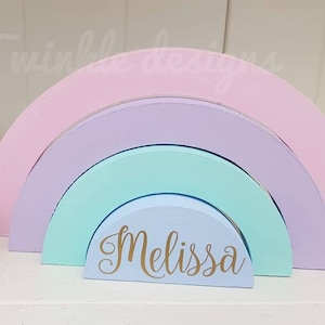 Personalised wooden freestanding stacking rainbow, pastels, nursery decor, girls room, shelfie
