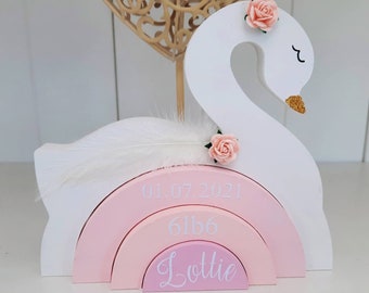 Personalised Swan Stacker: Handpainted Wooden Rainbow, Nursery Decor