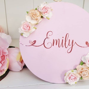 Floral personalised sign, wooden round name plaque, wall decor, nursery, girls room plaque, roses personalised plaque