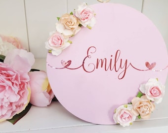 Floral personalised sign, wooden round name plaque, wall decor, nursery, girls room plaque, roses personalised plaque
