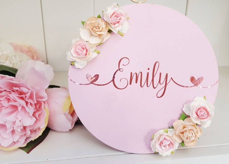 Floral personalised sign wooden round name plaque wall Etsy