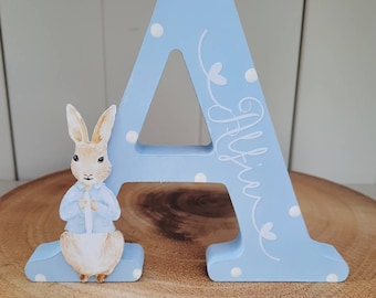 Personalised Wooden Letter, Handmade Wooden Freestanding  Bunny Rabbit Letter Name. New Baby Gift Bedroom Decor Shelfie.