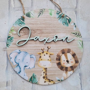 Personalised room plaque, jungle animal themed name sign, wall decor, nursery, room sign