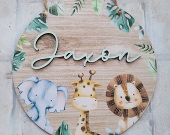 Personalised room plaque, jungle animal themed name sign, wall decor, nursery, room sign