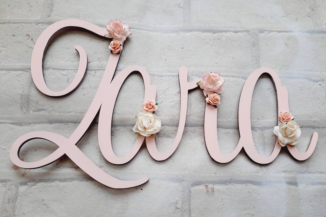 Personalised Script Name Wall Plaque, Wooden Name Blush Pink Roses