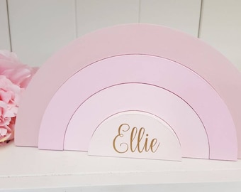 Personalised wooden freestanding stacking rainbow, blush pink bedroom, nursery decor, girls room, shelfie