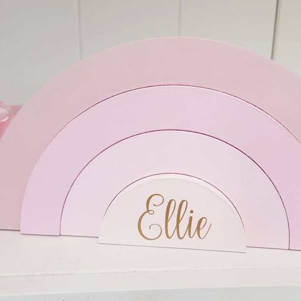 Personalised wooden freestanding stacking rainbow, blush pink bedroom, nursery decor, girls room, shelfie