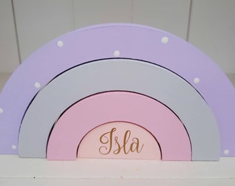 Personalised Wooden Stacking Rainbow, New Baby Nursery Decor, keepsake gift