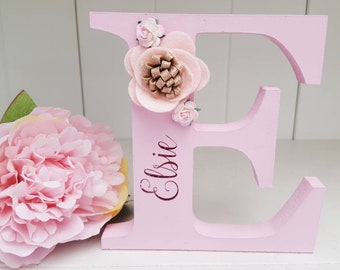 Personalised Wooden Letter, Pink Felt Flower Decor, Baby Gift Name Sign