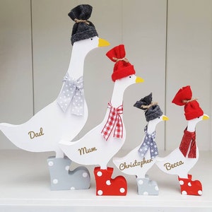 Freestanding personalised Christmas wooden duck family, wooden ducks in boots, welly ducks, duck decor