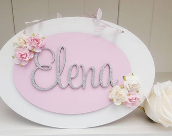 Floral personalised sign, wooden oval glitter name plaque, wall decor, nursery, girls room plaque, roses personalised plaque