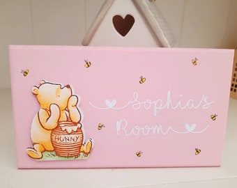 Personalised Name Plaque, Winnie the Pooh Door Sign. Babies Room Plaque, nursery decor, New Baby Gift