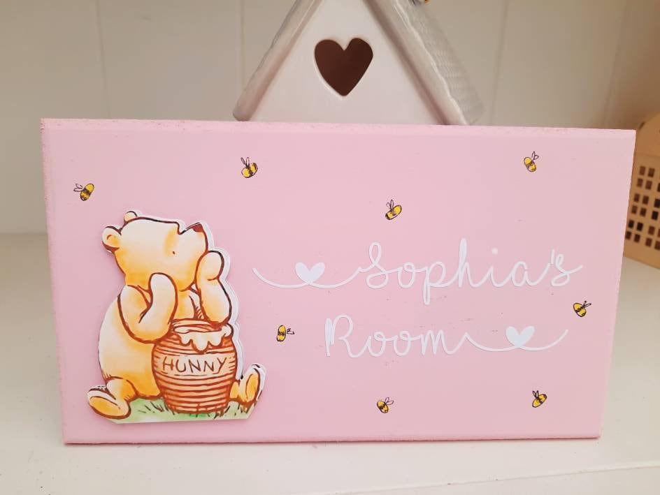 Personalised Name Plaque, Winnie the Pooh Door Sign. Babies Room Plaque, nursery decor, New Baby Gift