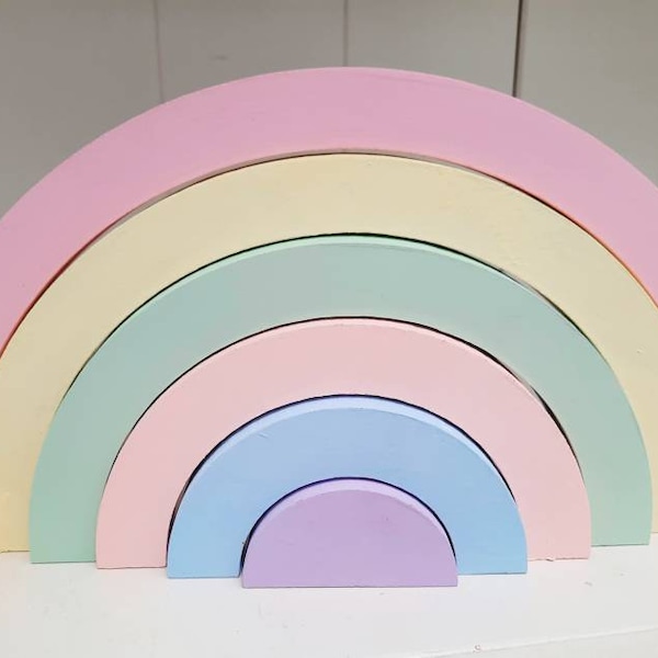 Personalised wooden freestanding stacking rainbow, pastels, nursery decor, girls room, shelfie