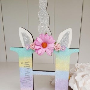 Personalised Wooden Floral Rainbow Unicorn Wall Door Letter. Bedroom Nursery decor