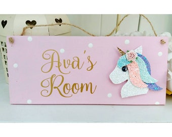 Unicorn personalised plaque, door sign. Girls room plaque, nursery decor,  wooden door hanger