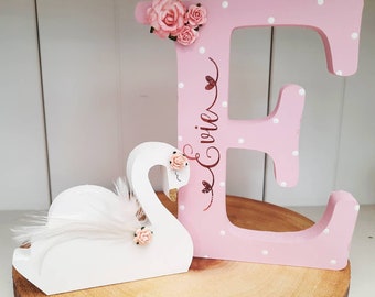 Personalised Wooden Letter Large Freestanding Letter And Swan Set. Wooden name Baby Gift Nursery decor