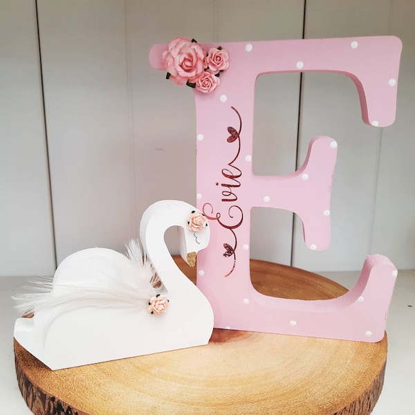 Personalised Wooden Letter Large Freestanding Letter And Swan Set. Wooden name Baby Gift Nursery decor