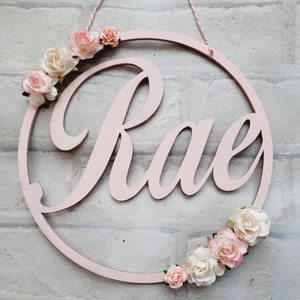 Floral Personalised Name Wooden Hoop Plaque, Blush Pink Roses Nursery Decor, Girls Bedroom