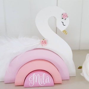 Personalised Swan Stacker, Wooden Swan Rainbow, Handpainted Swan, nursery decor, girls room, shelfie