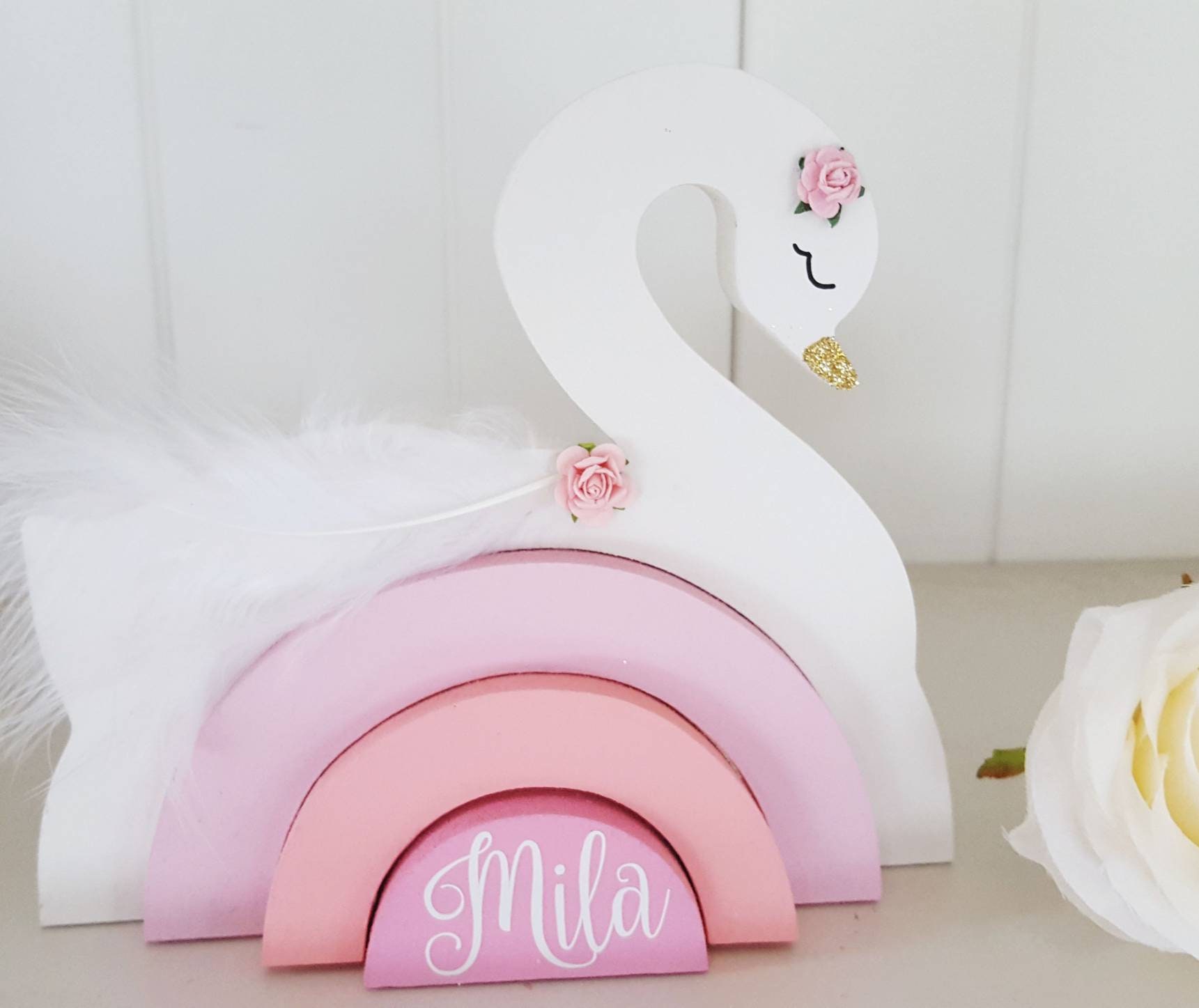 Personalised Swan Stacker, Wooden Swan Rainbow, Handpainted Swan, nursery decor, girls room, shelfie