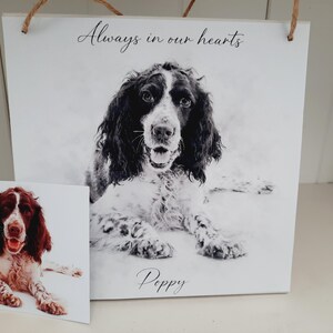 以下が含まれることがあります： 「Always in our hearts」の文字と「Poppy」という名前が入った、犬の白黒ポートレートが描かれた正方形の白い看板。犬の小さなプリントが手前にあります。看板には吊り下げ用のジュートロープが付いています。