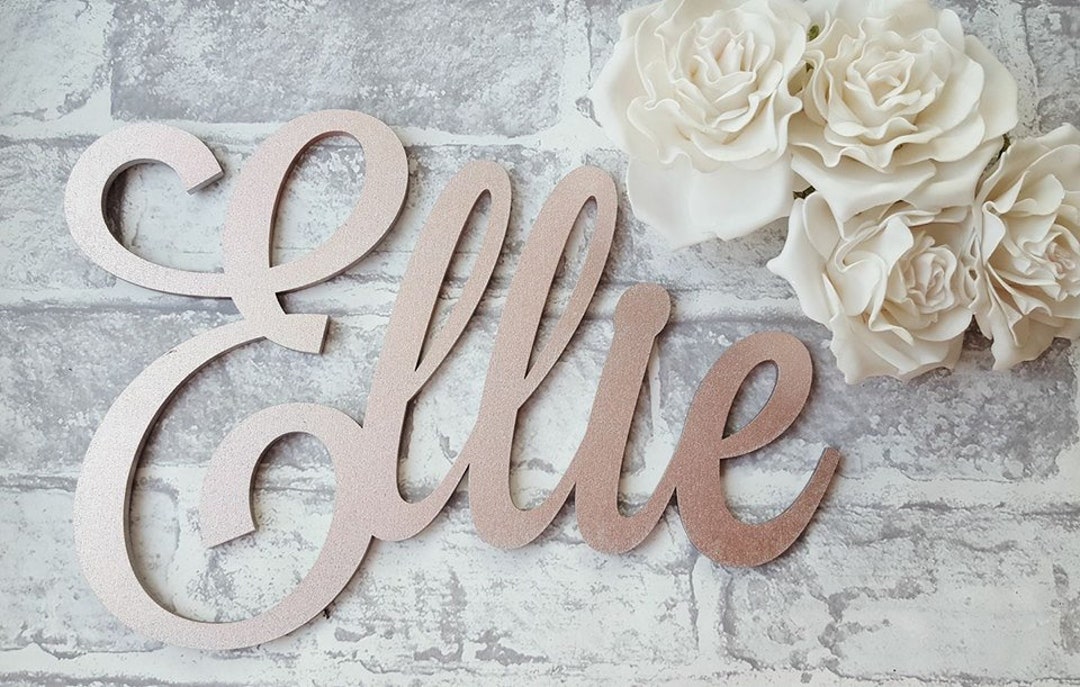 Personalised Script Name Wall Plaque, Wooden Name Rose Gold, Silver