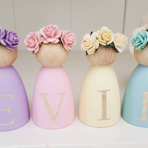 Personalised Wooden Peg Dolls, Wooden name dolls, Pastel decor, Baby Gift, Nursery Decor, Shelfie