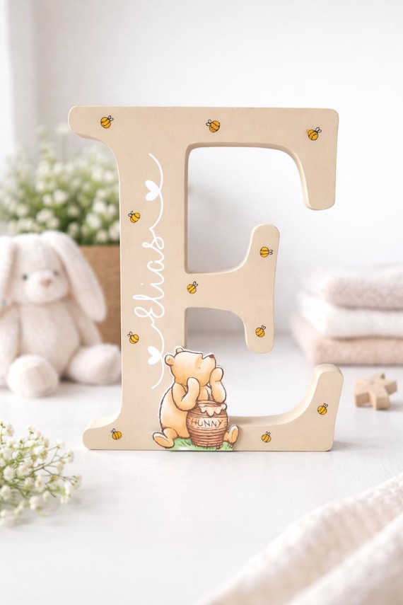 Personalised Wooden Winnie the Pooh Letter Name. New Baby Shower Gift, Nursery Bedroom Decor.