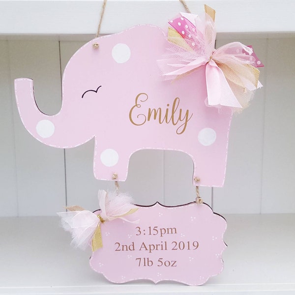 Baby door hanger, wooden elephant name sign, hospital door hanger, wall decor, nursery, girls room plaque. Baby shower decor