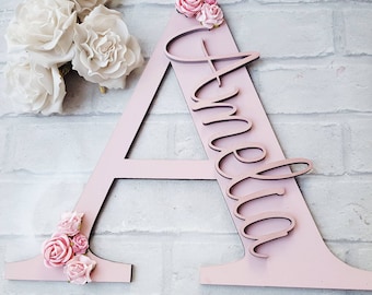 Personalised Wooden Letter Name Sign, Floral Nursery Wall Decor, New Baby Shower Gift