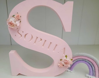 Personalised Wooden Letter, Handmade Wooden Engraved Freestanding Floral Letter Name. New Baby Gift Nursery Bedroom Decor Shelfie.