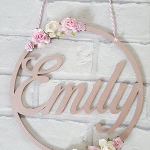 Floral Rose Gold Personalised Name Wooden Hoop Plaque, Nursery Decor, Girls Bedroom