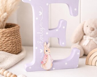 Personalised Wooden Letter Plaque, Bunny Nursery Decor, Peter Rabbit Inspired Name Sign, Baby Gift