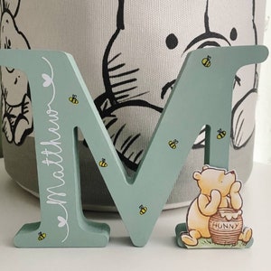 Personalised Wooden Letter, Handmade Wooden Freestanding Winnie the Pooh Letter Name. New Baby Gift Nursery Bedroom Decor Shelfie.