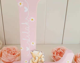 Personalised Wooden Letter, Handmade Wooden Freestanding Winnie the Pooh Letter Name. New Baby Gift Nursery Bedroom Decor Shelfie.