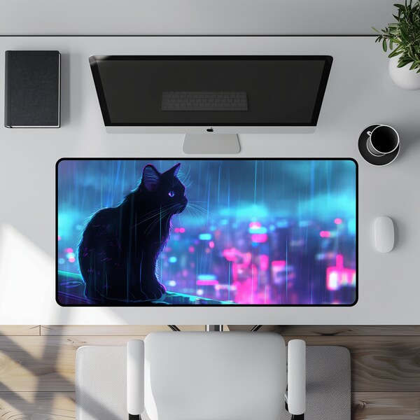 Noir Cat in Rainy City Desk Mat - Cyberpunk Feline Mouse Pad