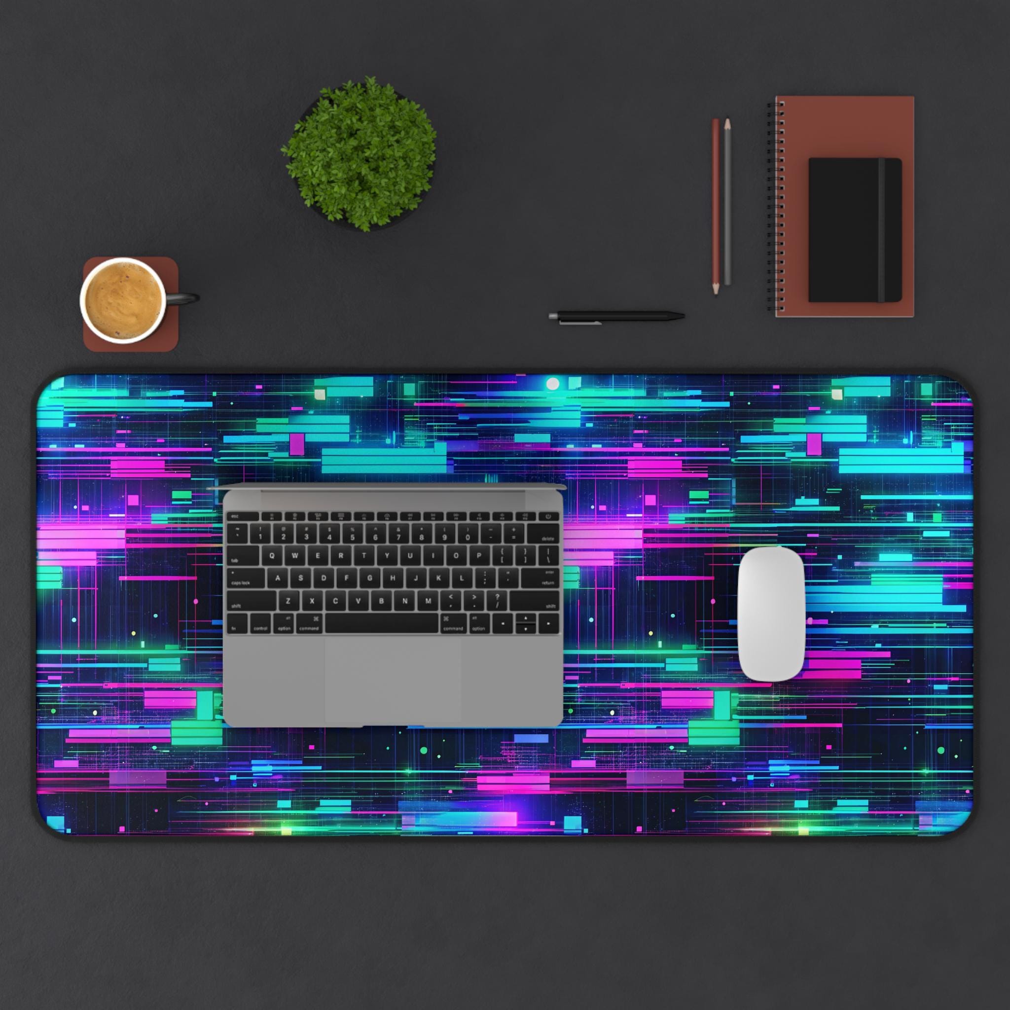 Neon Glitch Desk Mat With Futuristic Digital Pattern - Large Mouse Pad ...