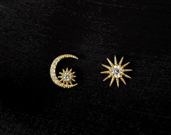 Dismatch zon en maan oorbellen, 925 sterling zilveren oorbellen, starburst hemelse oorbellen, gouden oorbellen hengsten, Unisex verjaardagscadeaus