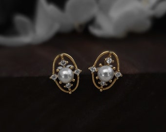 Gouden antieke studs, vintage pareloorbel studs 925 sterling zilveren oorbellen, retro krans studs handgemaakte sieraden voor vrouwen, kerstcadeau