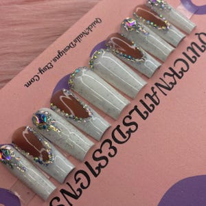 Rhinestone French Tip Press On Nails: White Sparkly Gel Nails